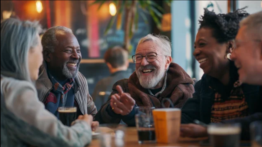 A diverse group of older friends laughing together over drinks